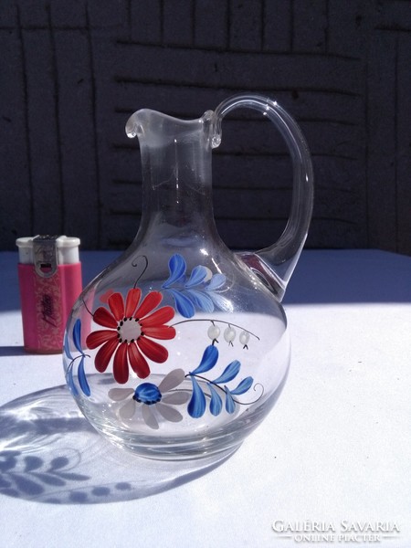 Régi üveg keresztelő kancsó - kézzel festett virágokkal