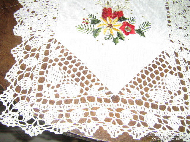 Beautiful hand crocheted machine embroidered tablecloth runner
