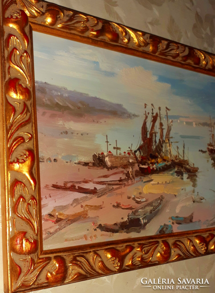 Ship picture with gilded wooden frame 35x25