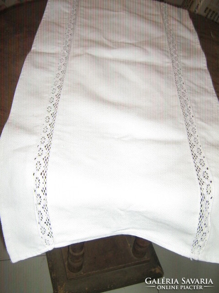 Beautiful elegant snow-white huge woven tablecloth runner with lace on both sides