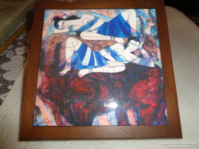 Hand-painted Spanish tile, modern design, with the artist's signature, 15 x 18 cm