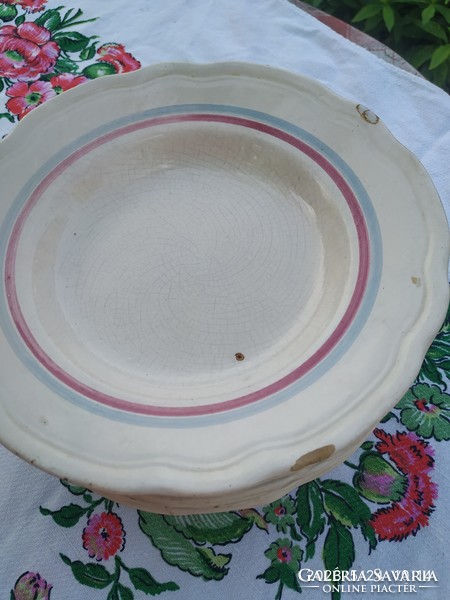 Antique red and blue striped tableware for sale! 9 unmarked deep plates for replacement.