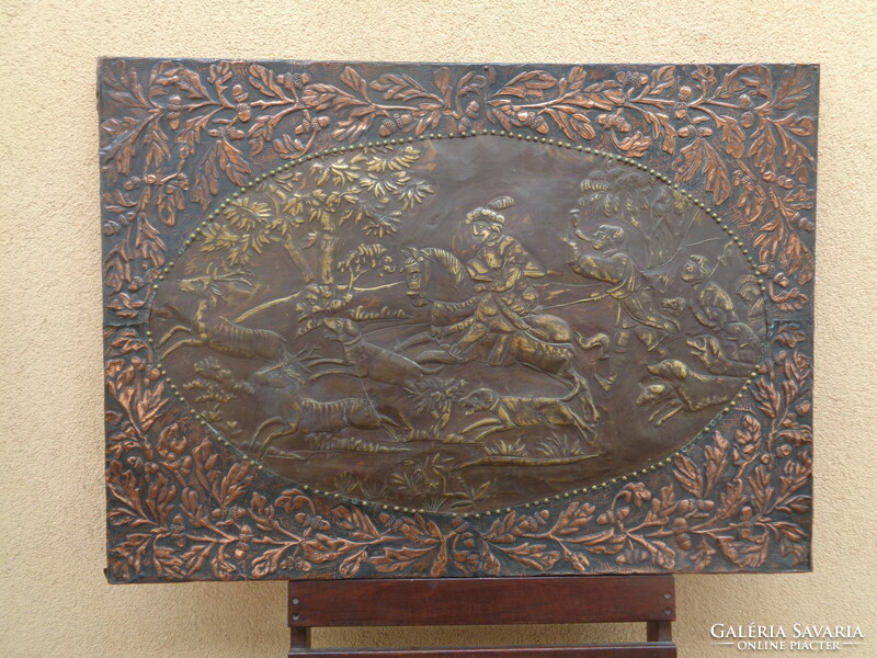 Antik , nagyméretű  falikép vadász jelenetet ábrázoló ,  ötvös  mester munka  90 x 65 cm