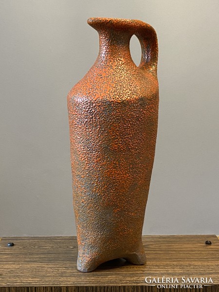 Pesthidegkút retro ceramic floor vase in the shape of a pitcher with a handle, orange rucksack glaze, 50 cm