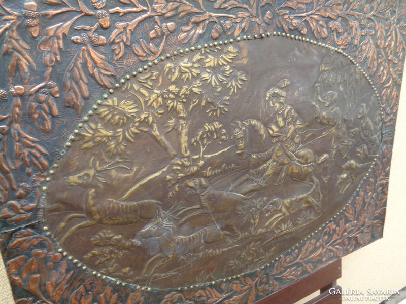 Antique, large-scale wall picture depicting a hunting scene, goldsmith's work 90 x 65 cm