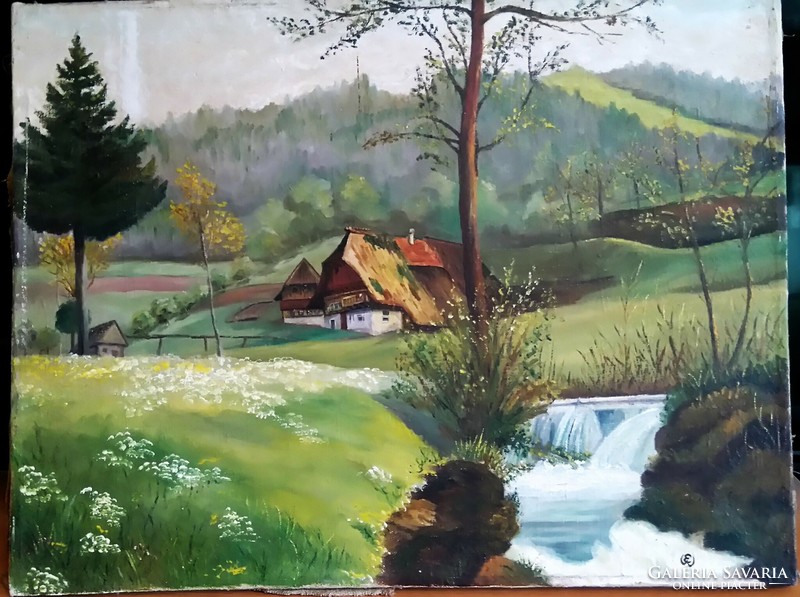 Austrian Art Nouveau landscape with cottage ew monogram oil/canvas 59x45 without frame cheap!
