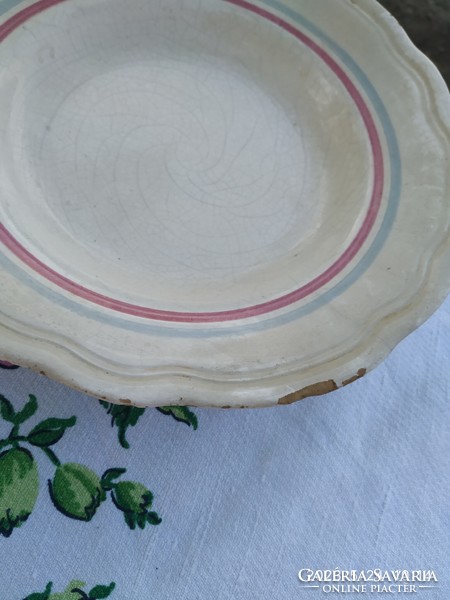 Antique red and blue striped tableware for sale! 9 unmarked deep plates for replacement.