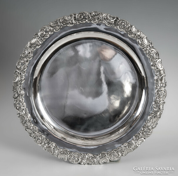 Silver large round serving tray / tray with legs - with stylized tendril legs