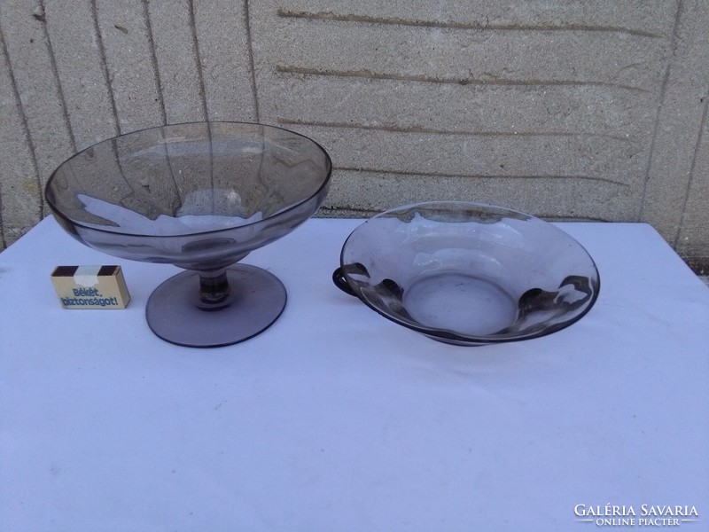 Smoke-colored glass fruit bowl with base and serving bowl with handle - together