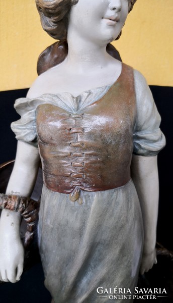 Dt/232 - girl with baskets - antique, Austrian glazed painted plaster sculpture