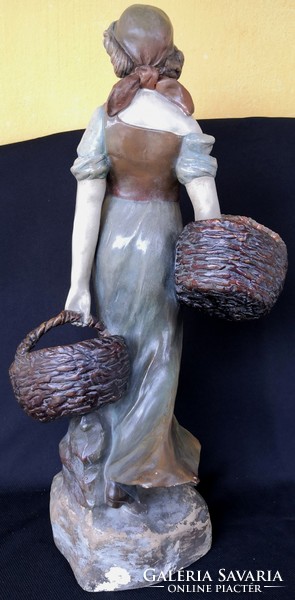 Dt/232 - girl with baskets - antique, Austrian glazed painted plaster sculpture