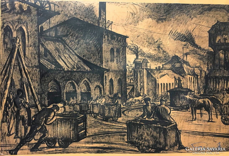 GEBAUER ERNŐ (1882 - 1962 ): Csille vontatók, Kerettel :59 x 84 cm,tus,szén-papír