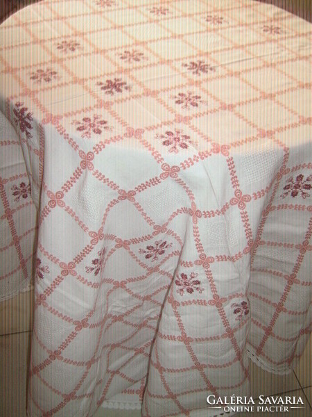 Beautiful vintage cross-stitch hand-embroidered woven tablecloth with lace edges