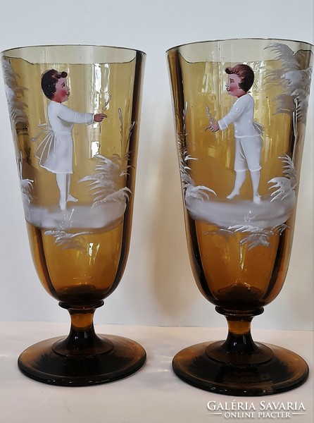 Antik zománcfestett pohár pár, Cseh, 19. sz. (Mary Gregory stílusú)