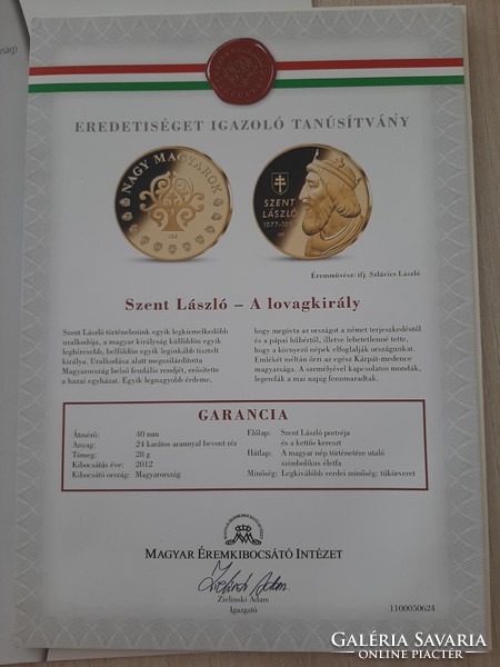 Saint László, the Knight King 24-carat gold-plated commemorative coin in unc capsule with 2012 certificate