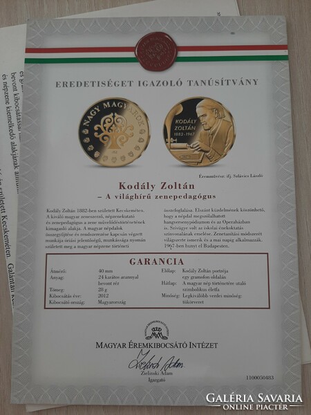Zoltán Kodály, the world-famous music teacher, commemorative medal coated with 24 carat gold in unc capsule 2012