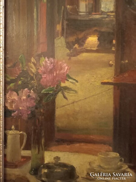 Imre Knopp painting: English interior, room interior, still life