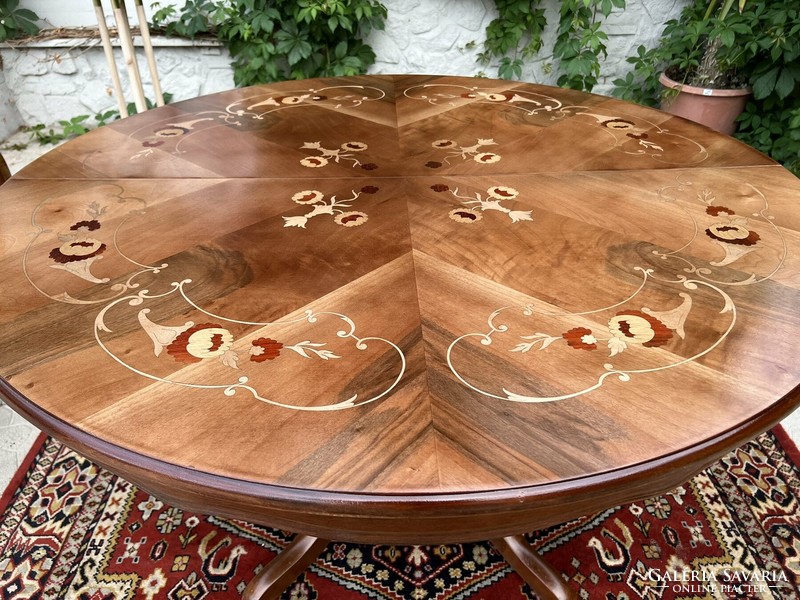 Antique style marquetry dining / meeting table with 4/6 upholstered armchairs