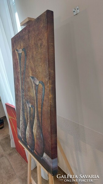 (K) Szép, dekoratív festmény 60x91 cm. Oldala is festve van, falra kész állapot!