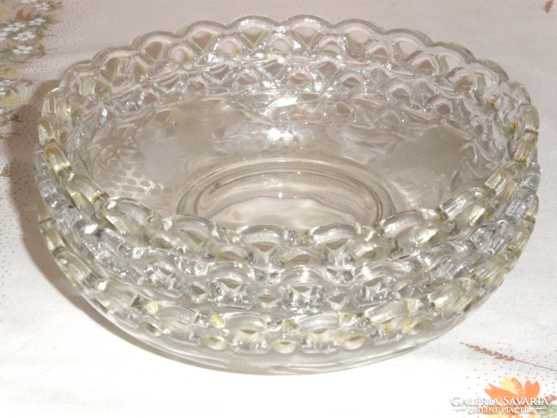 Retro openwork glass bowl with grape pattern, plate (3 pcs.)