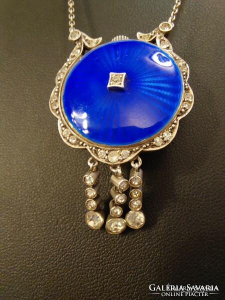 Silver enamelled pendant watch with silver necklace, zirconia stones, freshly serviced with new movement