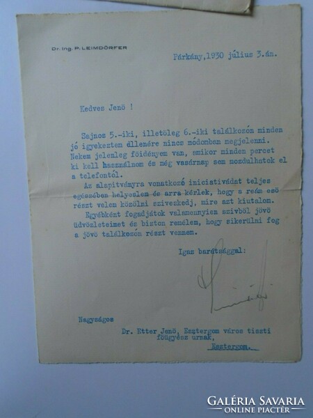 ZA447.25 Dr. Paul Leimdörfer levele Párkány, Sturovo-1930 Dr. Etter Jenő Esztergom  főügyészének