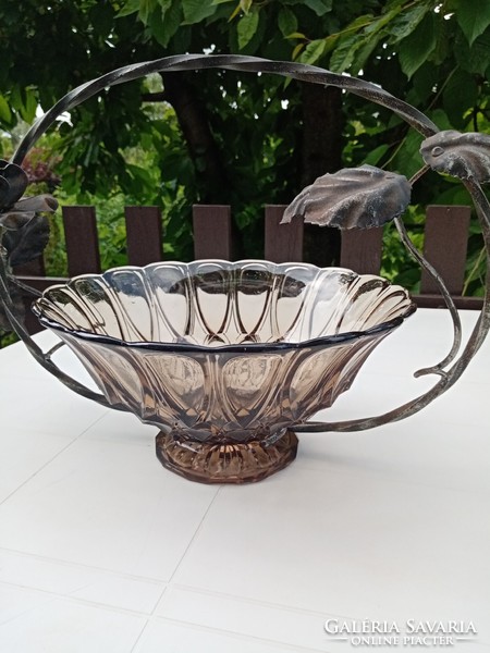 Marked antique Belgian cast glass basket in wrought iron holder