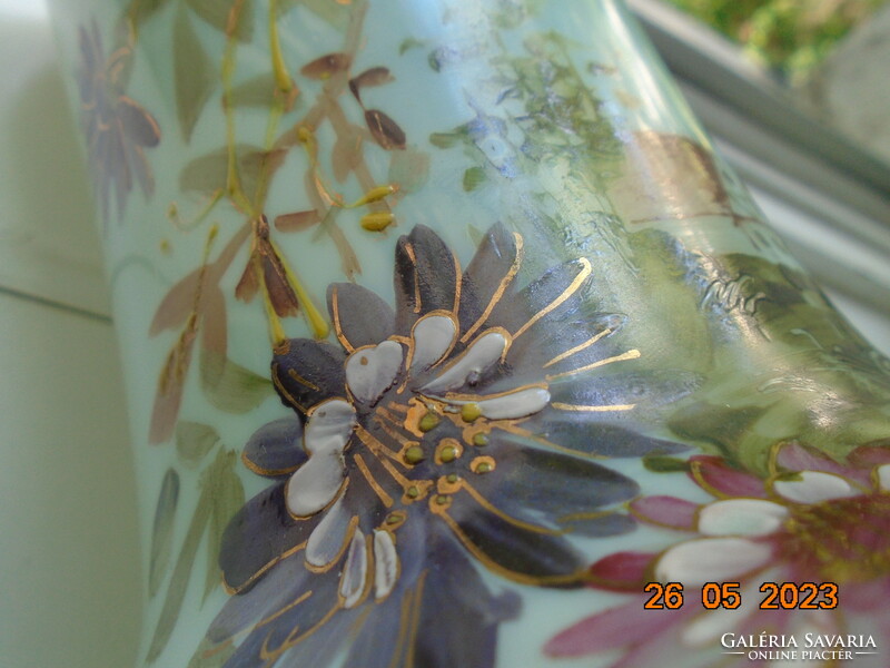 Napoleon Iii Jade Opal Glass Vase Hand Painted Gold Enamel With Flower Patterns And Landscape, Hand Marked