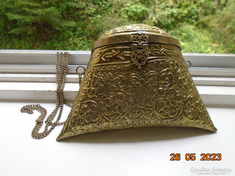 Eastern gilded copper lidded talisman with embossed and punched relief patterns, with a chain