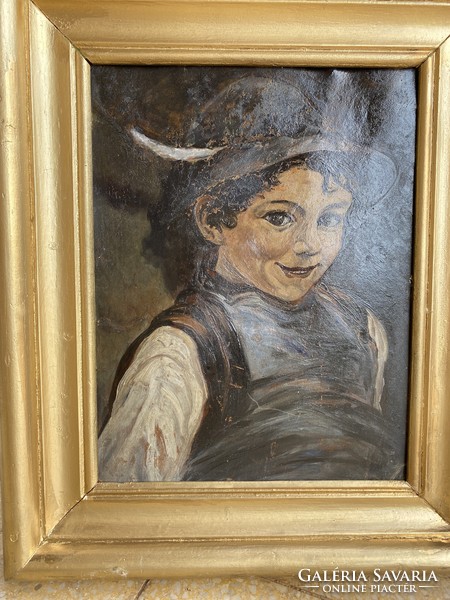 Old oil-on-cardboard painting: a photo of a little boy with a hat, used but in a nice polished condition