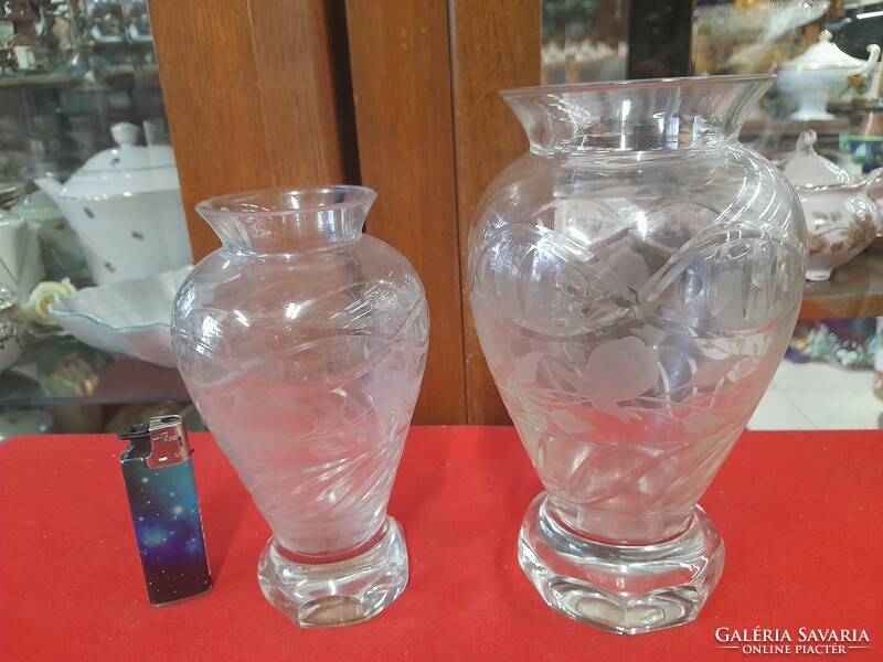 Old biedermeier carved rose glass crystal vase. 16.5 Cm.