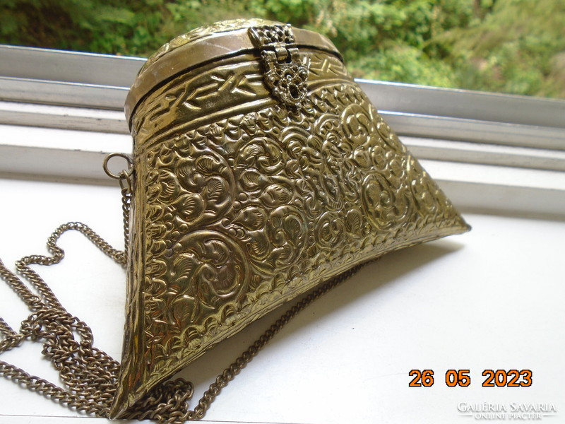 Eastern gilded copper lidded talisman with embossed and punched relief patterns, with a chain