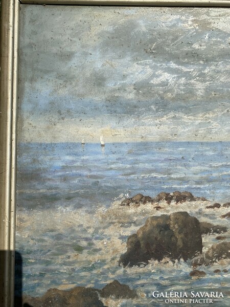Régi olaj-karton sziklas tengerpart festmény