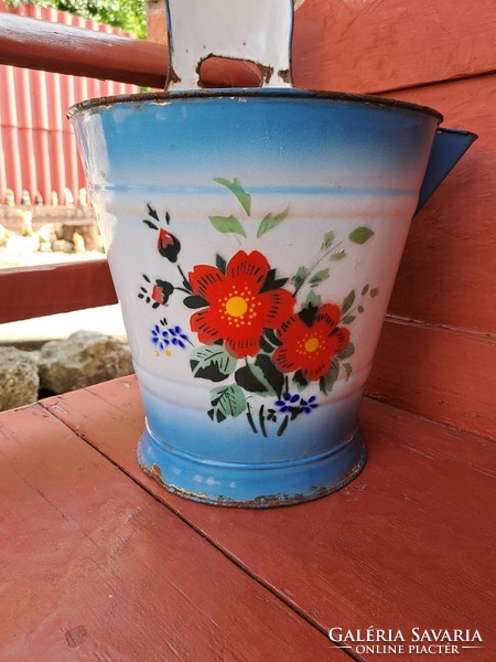 Enameled floral budafoki rocska cheese szétar milking bucket, nostalgia, peasant decoration for decoration