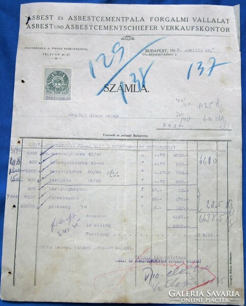 Régi számla 1917 Budapest