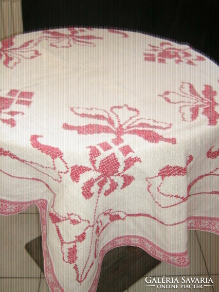 Beautiful antique hand embroidered cross-stitched tablecloth