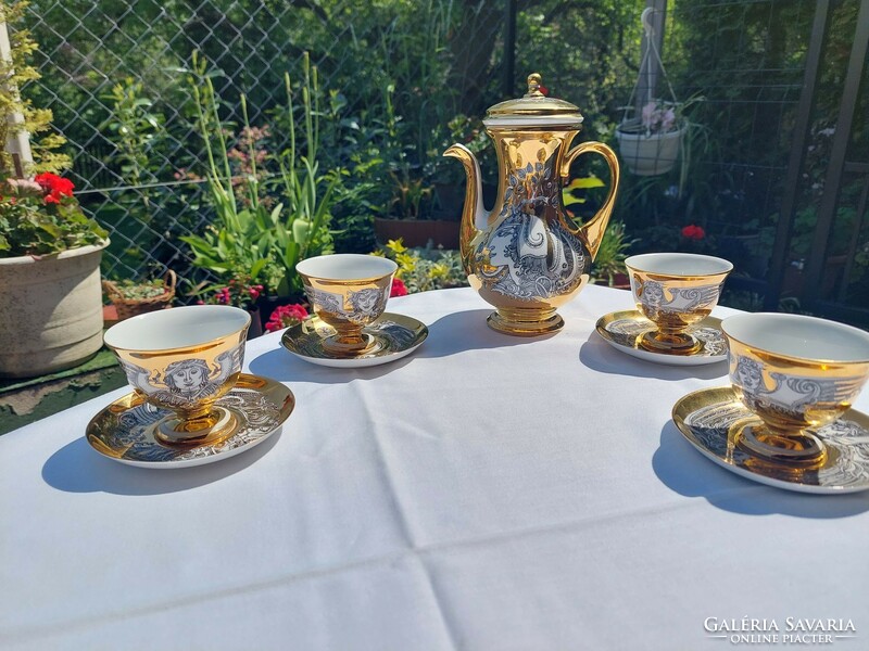 Hollóházi Saxon endre porcelain coffee set, gold-painted for 6, in undamaged condition