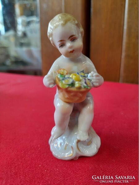 Alt German, Germany fasold & stauch bock wallendorf child porcelain figurine with flower basket..