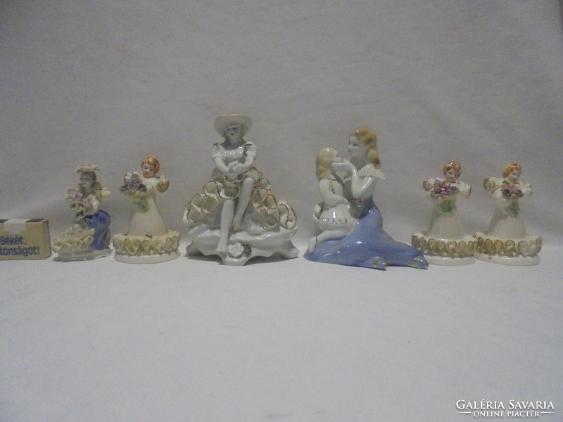 Hat darab porcelán nő, kislány fodros ruhában - nipp, szobor, figura - együtt