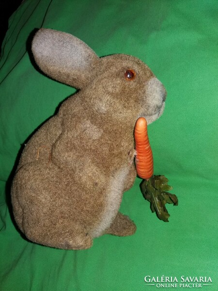 Antique absolutely lifelike micro-velvet coated plastic carrot-eating bunny figure with glass eyes 23 cm