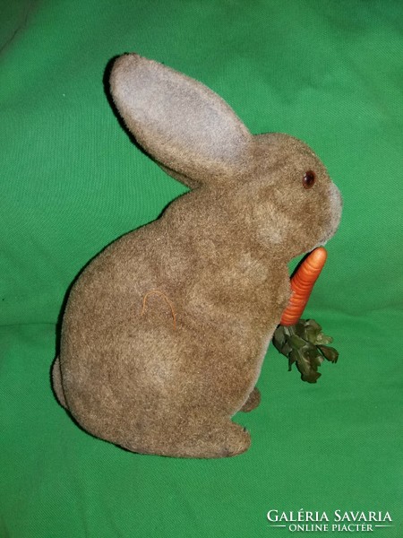 Antique absolutely lifelike micro-velvet coated plastic carrot-eating bunny figure with glass eyes 23 cm
