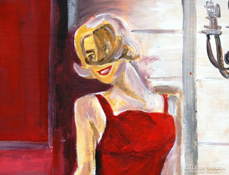 Evamaria stollmayer: woman in red dress, 2017 - oil on canvas painting