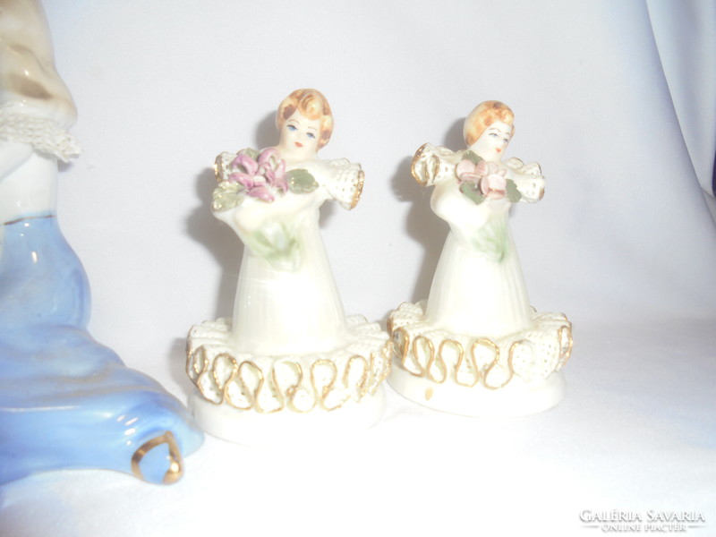 Hat darab porcelán nő, kislány fodros ruhában - nipp, szobor, figura - együtt