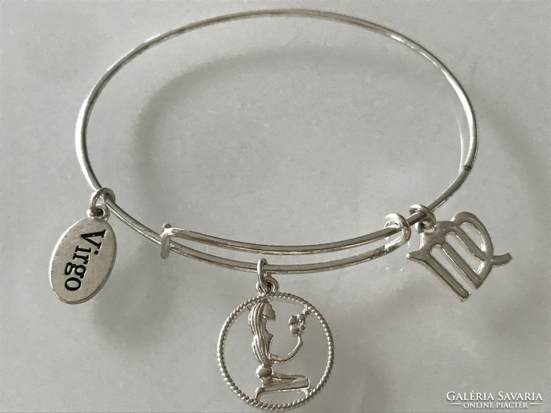 Silver-plated filigree bracelet with three Virgo zodiac pendants, 7 cm inner diameter