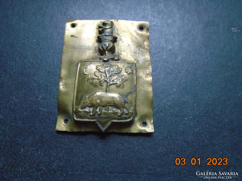 Antik réz címeres bútorveret medve, fa, Nap, Hold, medvés korona elemekkel