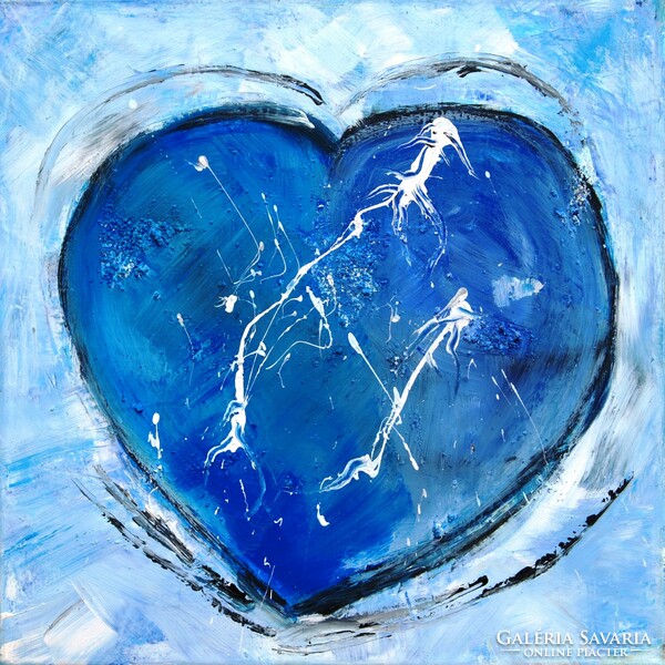 Contemporary artist: the blue heart - oil on canvas painting