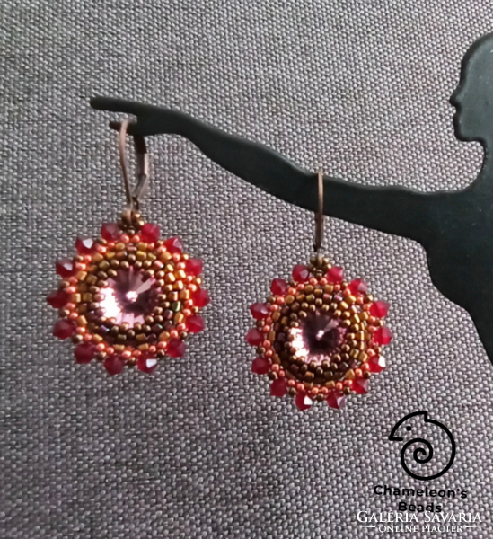 "Marsala and Red Mandala Beading Earrings" Swarovski kristályos lilás-vörös gyöngyfűzött fülbevaló