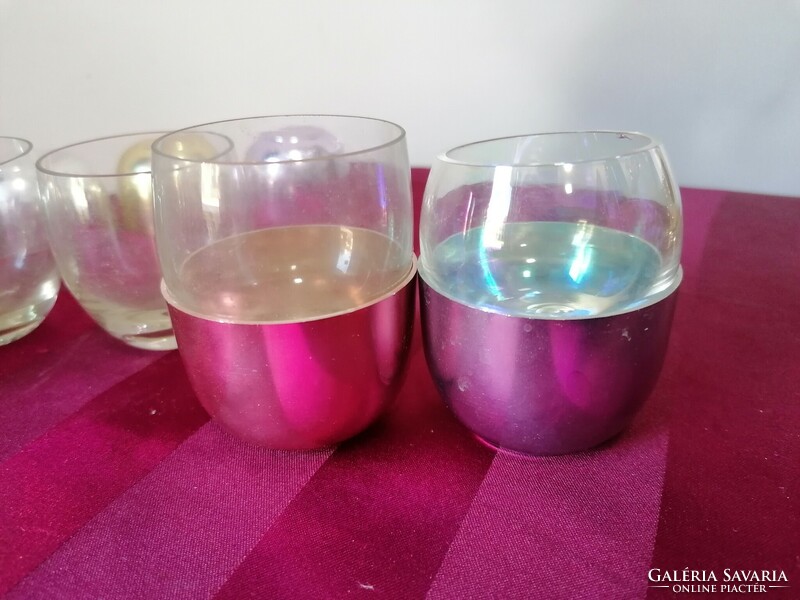 Retro üveg gömb poharak színes fém tartóban 6 db