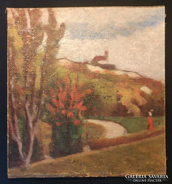 Dombos táj sétáló alakkal. 1910-'20-as évek, olajfestmény.