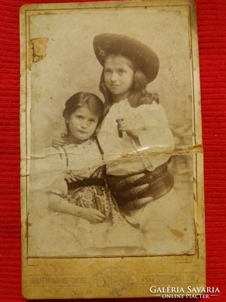 Cc. 1900 Antique hard board sepia photo portrait of little girls Gutkais József Koritnica according to the pictures